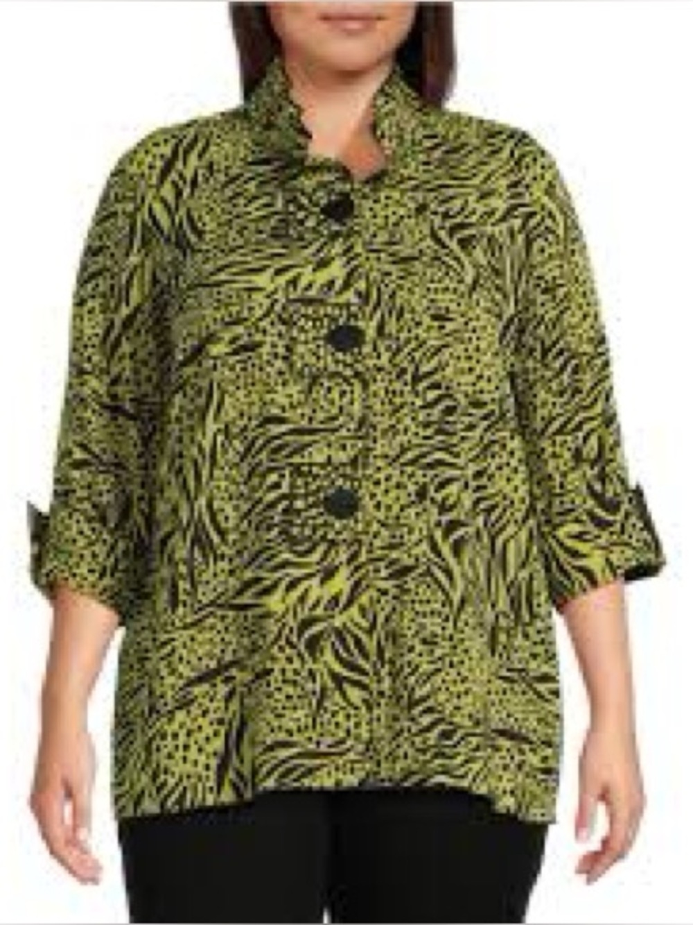 Ali Miles Woven Zebra Leopard Print Wire‎ Collar 3/4 Sleeve Button Front Tunic